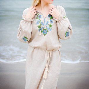 Ukrainian Embroidered linen dress Maxi XXL